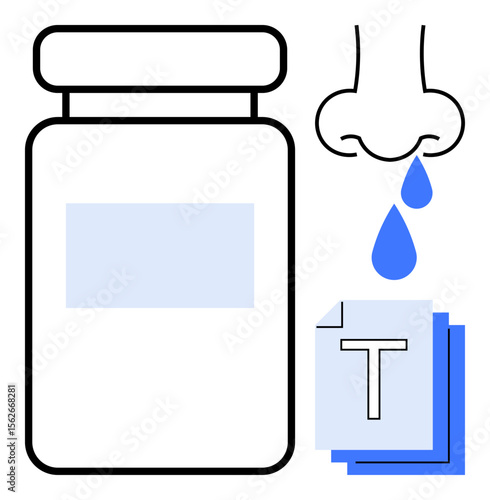 Medicine bottle beside paperwork, nose with droplets emphasizing health, treatment, allergies, and seasonal care. Ideal for healthcare, pharmacy, wellness, allergy support preventive care medical