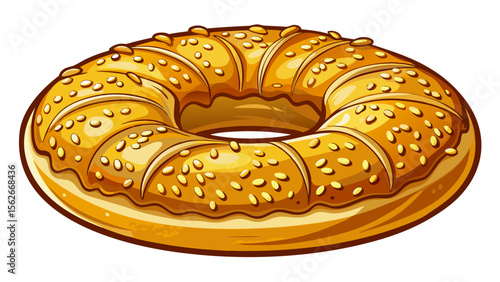 A traditional koulouri (Greek sesame bread ring), perfectly round and covered in golden sesame seeds, stands out crisply against the pure white background, its texture inviting and warm.