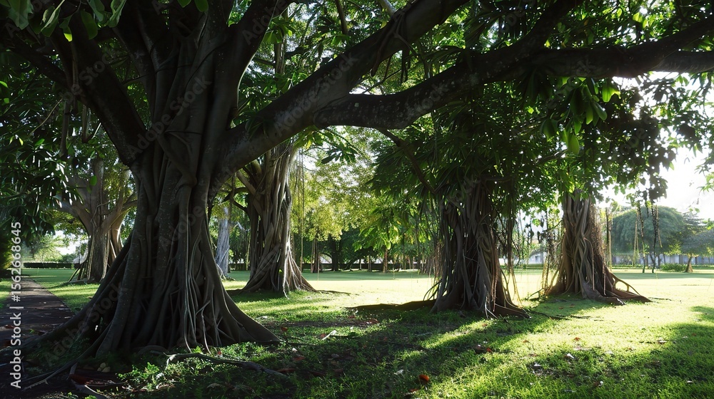 Close-up of a banyan tree with sprawling aerial roots, thick trunk, and dense green foliage, showcasing its massive canopy and intricate branch structure in a tropical garden, park, or forest under su Close-up of a banyan tree with sprawling aerial roots, thick trunk, and dense green foliage, showcasing its massive canopy and intricate branch structure in a tropical garden, park, or forest under su