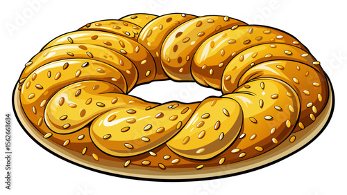 A traditional koulouri (Greek sesame bread ring), perfectly round and covered in golden sesame seeds, stands out crisply against the pure white background, its texture inviting and warm.