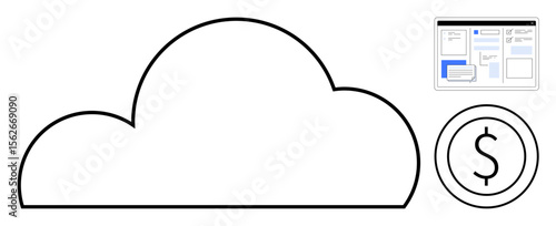 Cloud outline with monetary icon and interface window suggesting finance, data management, computing. Ideal for technology, finance, budgeting, SaaS, analytics investment IT support themes. Simple