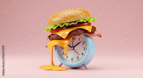Burger Time: Delicious Fast Food Melts Over Blue Alarm Clock