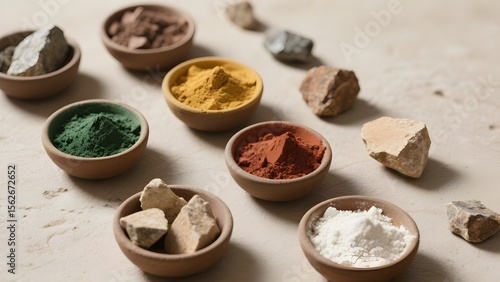 Earthy Tones: Natural Pigments and Rocks in Small Ceramic Bowls, Close-Up View.