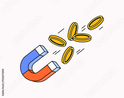 Illustration Horseshoe magnet attracting gold coins, representing the concept of financial attraction, business success, wealth, marketing, and money flow. Ideal for finance, digital marketing,