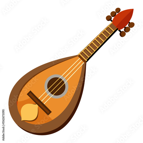 A stylized illustration of a mandolin or lute-like stringed musical instrument with an orange and brown color scheme.