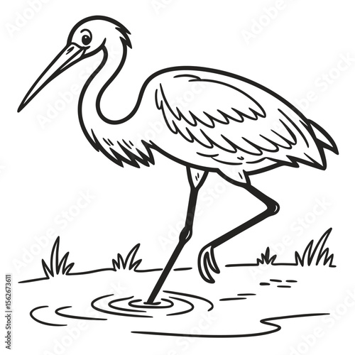 Black and white cartoon illustration of a long-legged bird standing in water with grass around