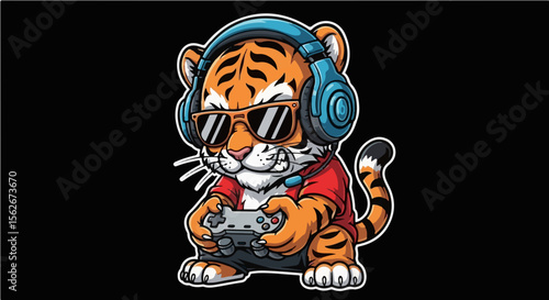 Cool cartoon tiger in red hoodie with headphones and controller playing video games