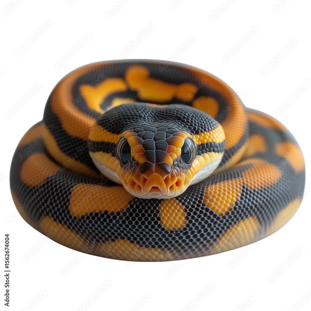 Obraz premium Ball python front view on white background, realistic coiled snake portrait