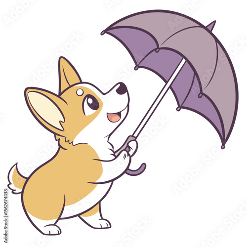 Cartoon Corgi Puppy Holding Up Purple Umbrella Looking Upward on White Background rain