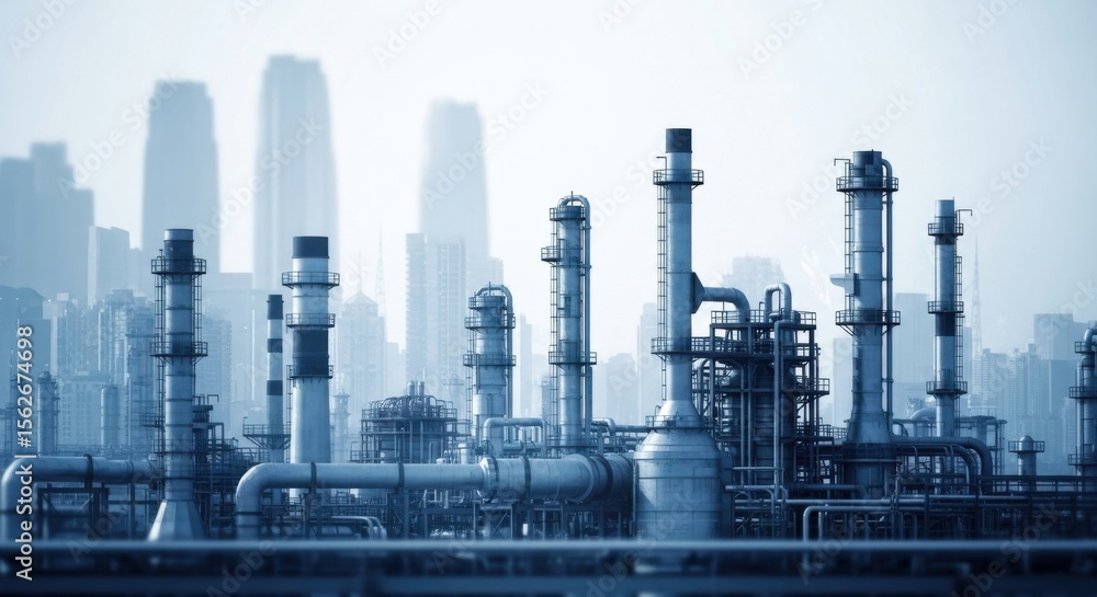 Obraz premium Modern Industrial Refinery Complex Against a Hazy City Skyline Under a Bright Sky
