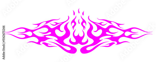 Pink tribal flame tattoo design isolated on transparent background. Symmetrical fire graphic for car decal or t-shirt. Y2K hot rod vinyl sticker, racing element, PNG.