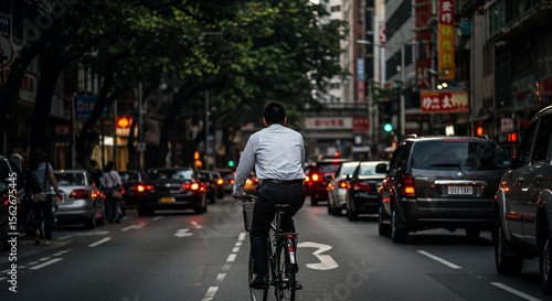 City commuter cyclist rides through evening traffic, navigating a busy urban street scene.