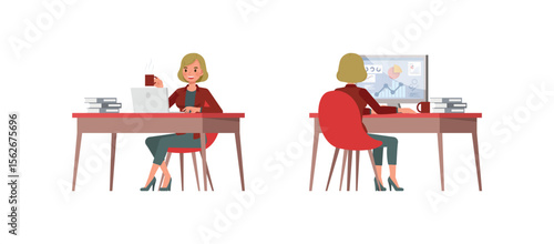 Businesswoman with bronze hair wearing red shirt character vector illustration design set. Woman working in office. Presentation in various action.