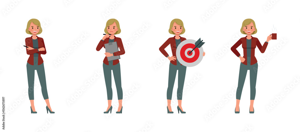 Obraz premium Businesswoman with bronze hair wearing red shirt character vector illustration design set. Woman working in office. Presentation in various action.