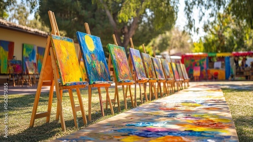 Colorful Paintings on Easels at Outdoor Art Exhibition Event