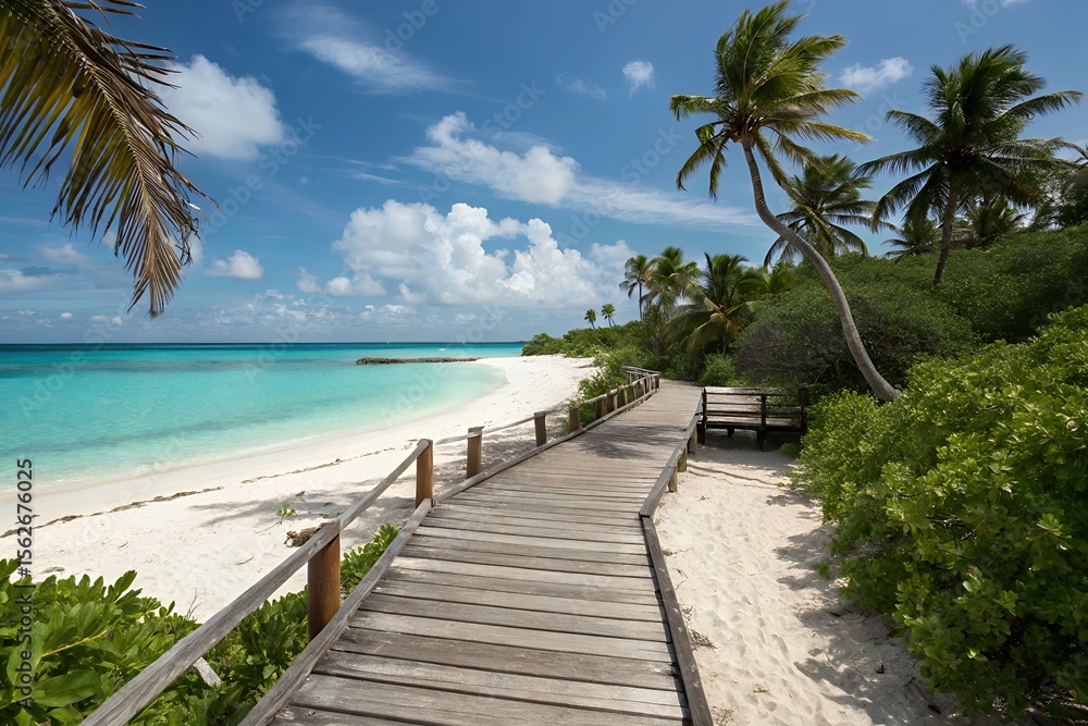 Obraz premium A wooden boardwalk meanders along a pristine white sand beach leading to the vibrant turquoise waters of the caribbean sea under a bright blue sky with fluffy white clouds
