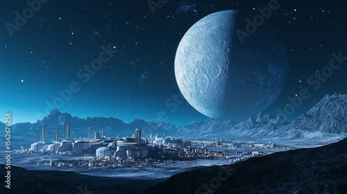 Futuristic Lunar Colony with Massive Moon in Night Sky