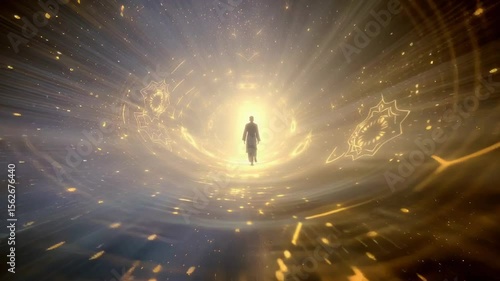 A first-person POV shot of traveling through a mystical tunnel of light and energy. The tunnel walls pulse with glowing sacred geometry. 