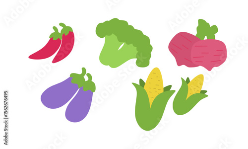 A set of flat, colorful vegetable illustrations including chili, broccoli, beetroot, eggplant, corn, and bell pepper. Ideal for healthy food designs, menus, packaging, and educational materials.