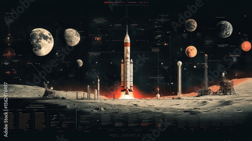 Futuristic Rocket Launch on Moon with Celestial Bodies and Data Visualizations