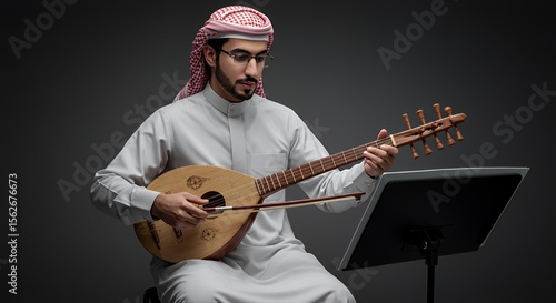 Young man in traditional Middle Eastern attire skillfully plays a pear-shaped stringed instrument, his focused expression reflecting musical passion.