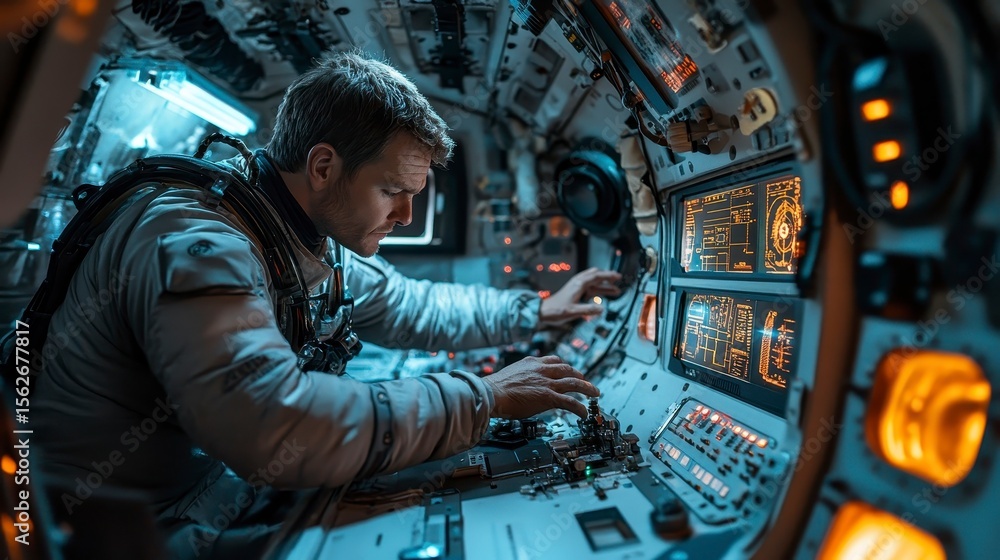 Fototapeta premium Astronaut Working Inside Spacecraft Control Room at Night