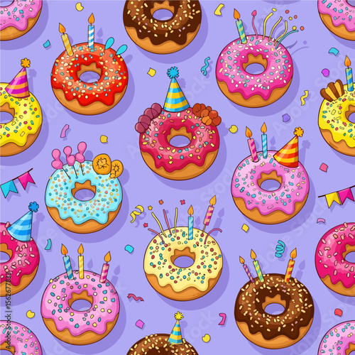 A festive and playful seamless pattern of colorful cartoon donuts decorated with birthday hats, lit candles, and sprinkles, scattered with confetti on a purple background.