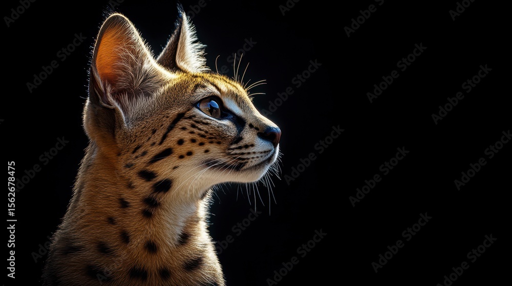 Fototapeta premium Close-Up Profile of a Spotted Serval Cat Against Dark Background
