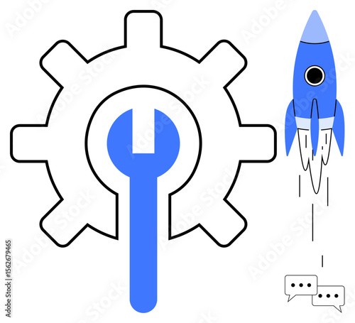 Large gear with a wrench overlay, symbolizing tools and optimization. Rocket launching signifies progress, innovation, and project initiation. Ideal for technology, business, startup, system