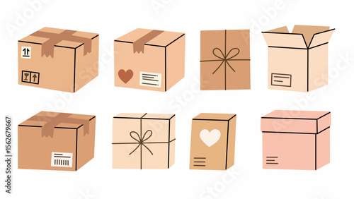 A cozy flat-style illustration set of delivery boxes and packaging parcels, perfect for e-commerce, shipping themes, and logistic icons in cute hand-drawn pastel tones.