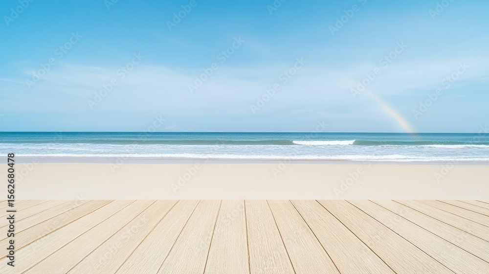 Fototapeta premium Empty wooden deck overlooking a sandy beach and ocean.