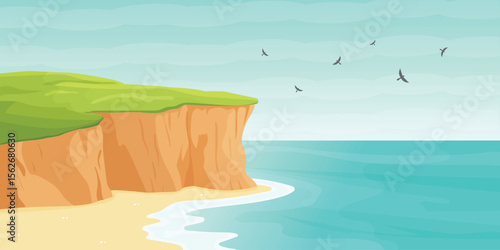 Coastal Cliff Landscape with Sea View Vector Illustration.