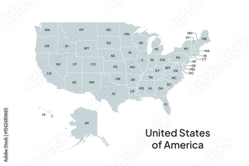 USA Map with States postal abbreviations. Flat color scalable vector illustration