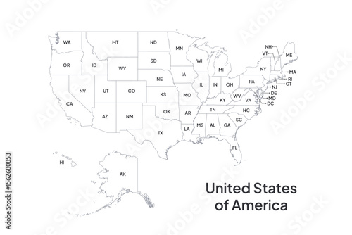 USA Map with States postal abbreviations. Outline scalable vector illustration