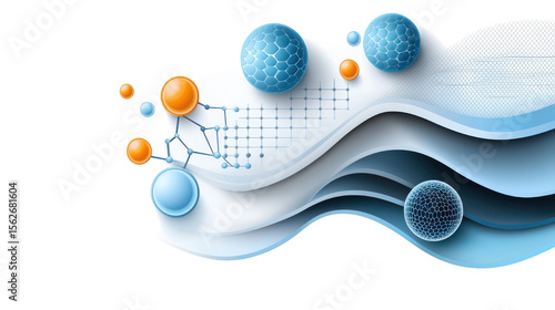 Abstract Design with Blue and Orange Spheres and Wave Patterns Representing Technology and Innovation
