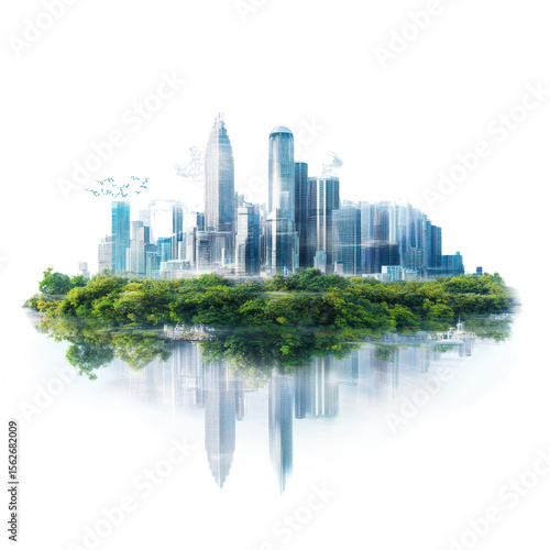 Futuristic City Skyline Reflected in Serene Waters Surrounded by Lush Greenery and Nature