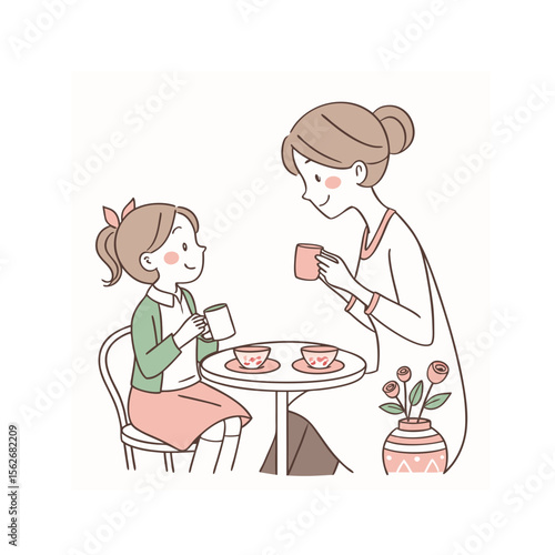 Mother and Daughter Enjoying Tea Time Together, Bonding Moment
