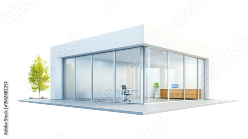 Modern Office Building Exterior with Large Glass Windows and Minimalist Design Surrounded by Greenery