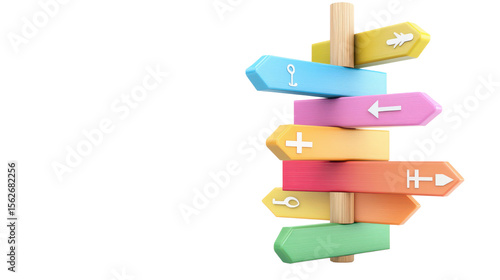 Colorful Directional Signs with Diverse Symbols on Wooden Post for Wayfinding and Navigation