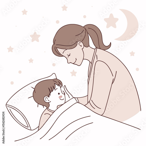 Mother Tucking Child into Bed Illustration, Bedtime Routine, Love, Care, Night, Parenting Moment
