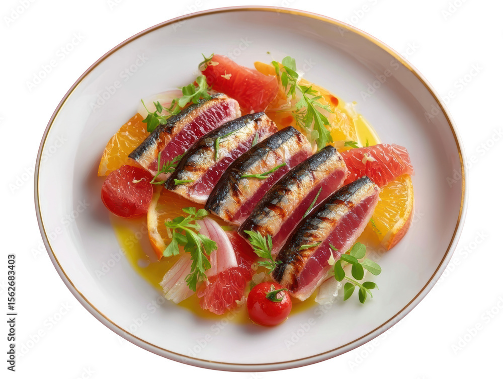Citrus Marinated Sardine Fillets with Fennel and Blood Orange Segments on Elegant Plate Citrus Marinated Sardine Fillets with Fennel and Blood Orange Segments on Elegant Plate