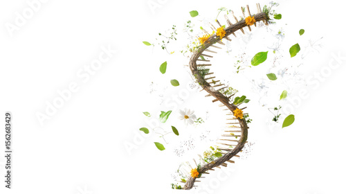 Twisting DNA Strand with Green Leaves and Flowers as a Symbol of Nature and Genetics in Harmony