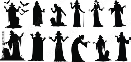 Halloween Vampire Silhouette Bundle with Bats, Grave and Dracula Elements .