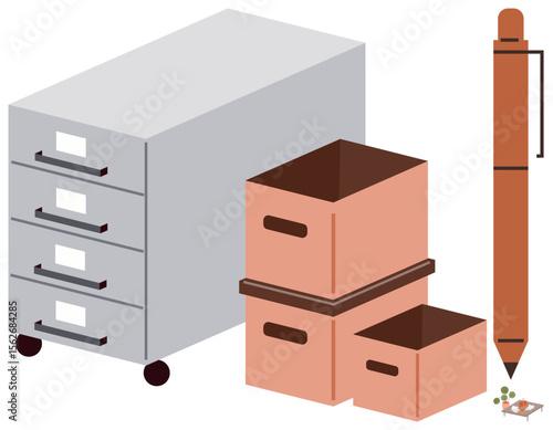 File cabinet with labeled drawers, three stackable cardboard boxes, and a brown pen for workspace organization. Ideal for office supplies, productivity, workplace management, storage solutions