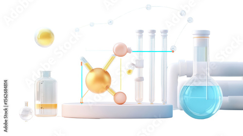 Colorful and Modern Scientific Laboratory with Glassware and Molecular Structure Representations