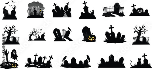 Spooky Graveyard Silhouette Vector Set – Halloween Cemetery Elements with Tombstones, Ghosts, Ravens, Trees and Pumpkins .