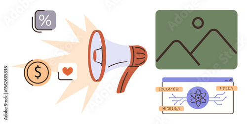 Megaphone amplifying icons of analytics, dollar, heart, and creativity. Visuals include a photo frame and code snippet. Ideal for marketing, promotion, advertising, data analytics creativity