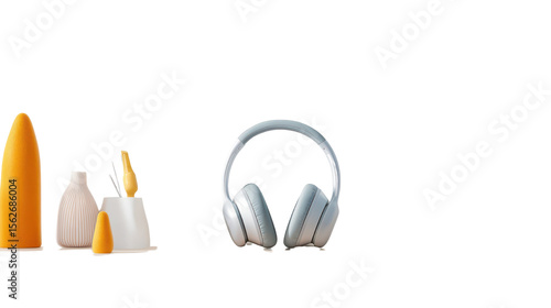 Elegant Display of Modern Decor with Headphones, Vases, and Artistic Elements in Bright Colors