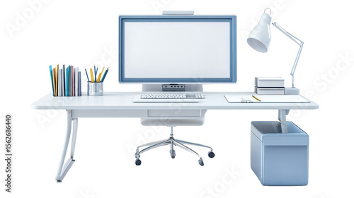 Minimalistic Home Office Setup with Modern Desk, Computer, and Stylish Accessories in Light Colors