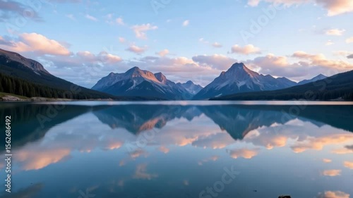 Serene Mountain Lake Reflection at Dusk, Featuring Calm Waters, Majestic Peaks